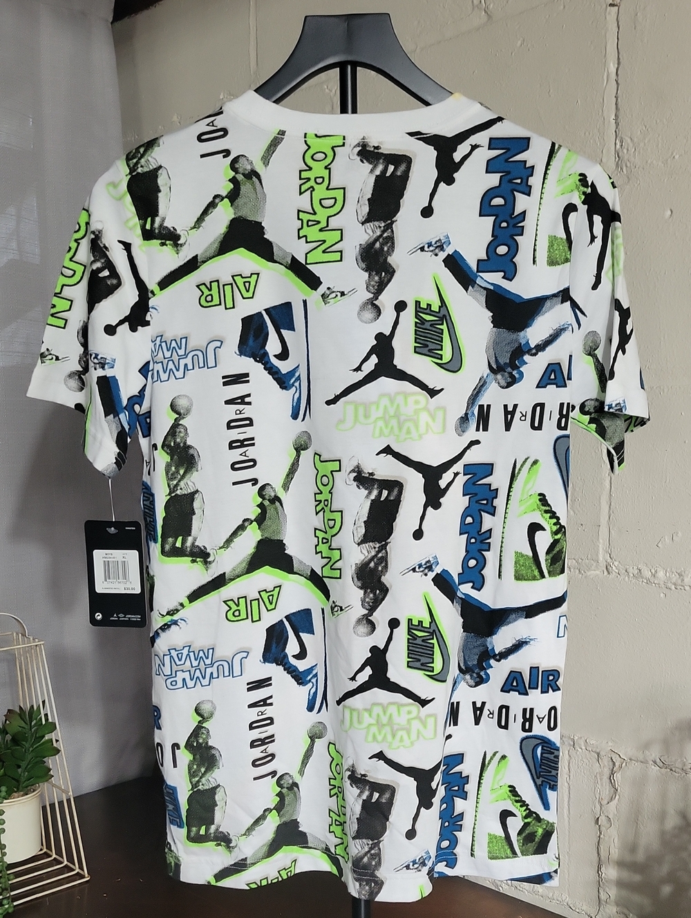 Jordan Allover Logo Print Short Sleeve Tee - White/Green/Blue